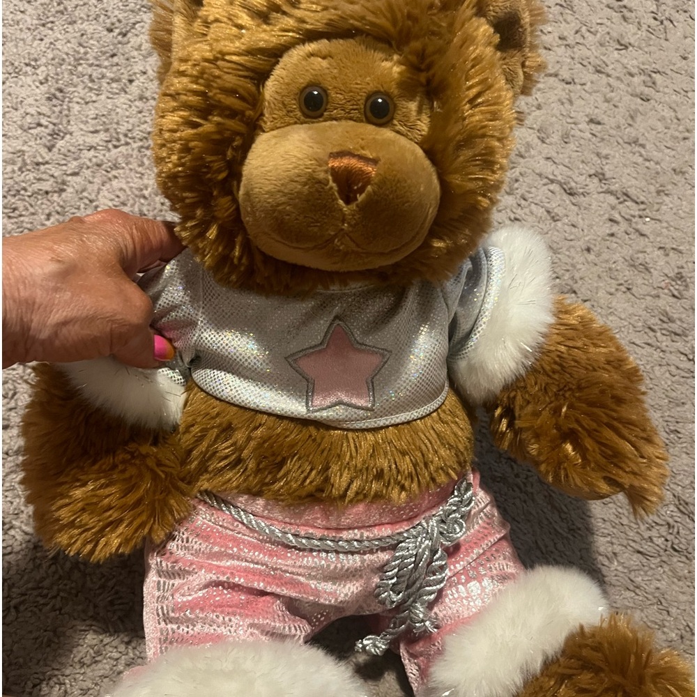 Build-a-Bear brown bear with fun pink outfit with white fur